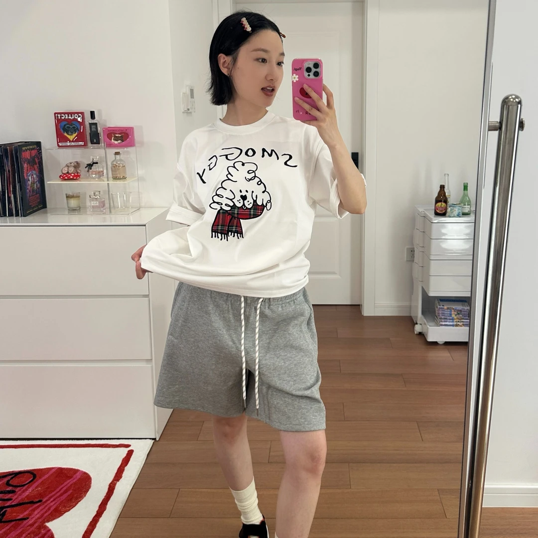 SMOGGY夏季围巾小狗格纹贴布刺绣圆领短袖宽松休闲可爱百搭T恤ins