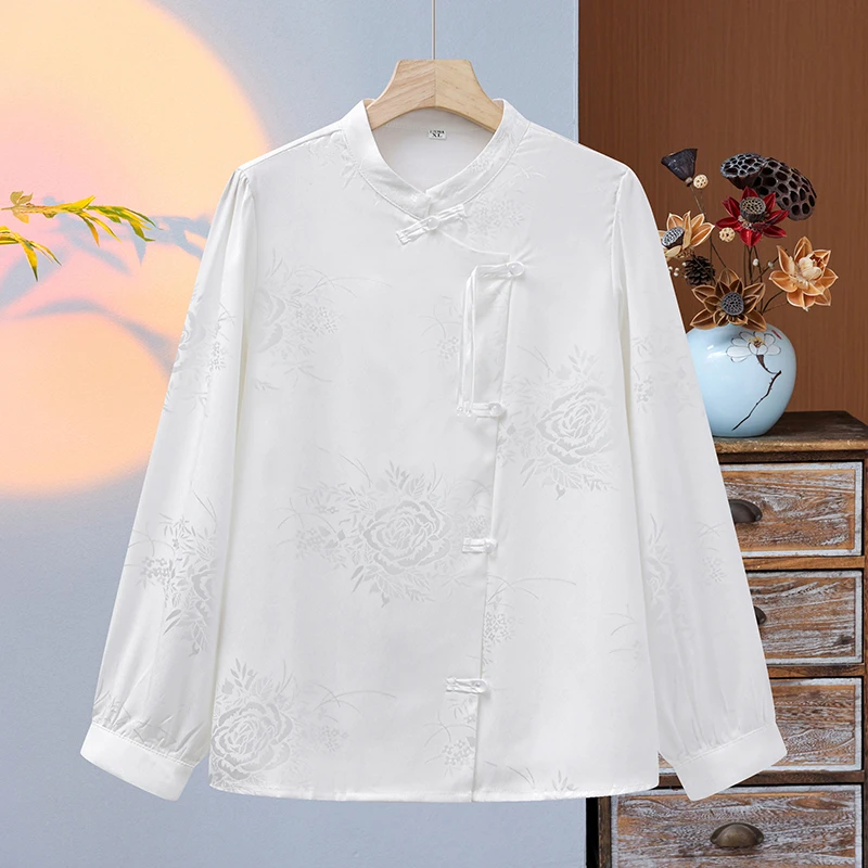 新中式配马面裙衬衫斜襟盘扣提花上衣日常通勤立领国风衬衣女长袖