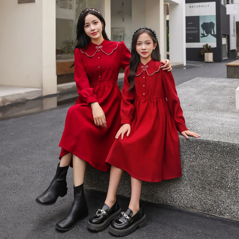 女童复古连衣裙秋冬季洋气公主裙儿童红色新年装拜年衣服过年裙子