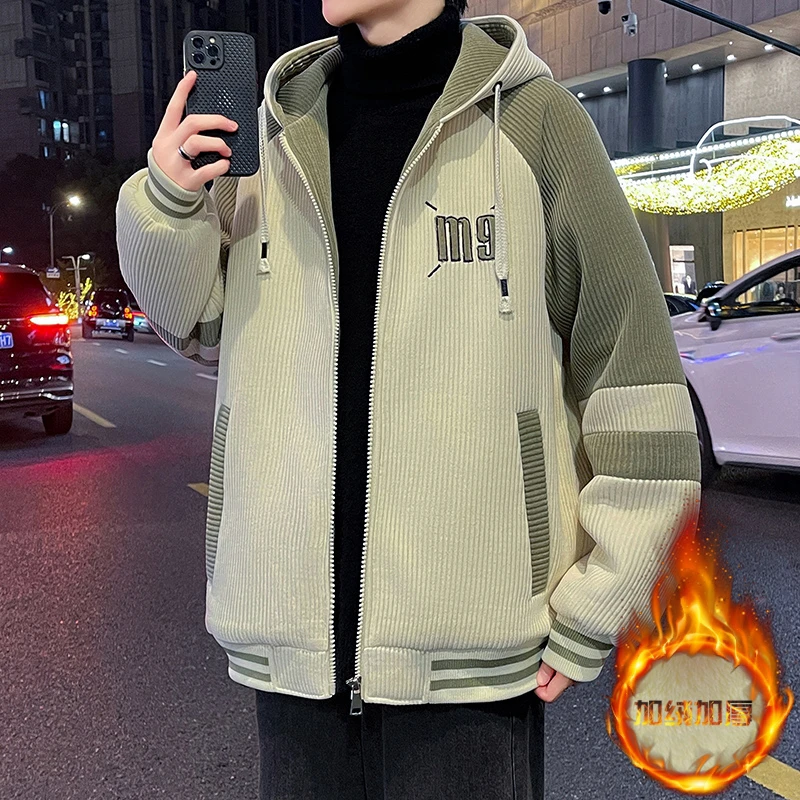冬季上新青少年港风时尚连帽加绒加厚外套撞色潮流男生百搭夹克