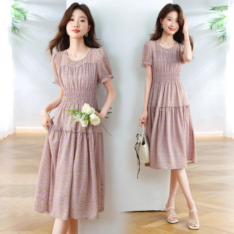法式小清新碎花连衣裙女2025年夏季新款洋气减龄温柔风中长款裙子