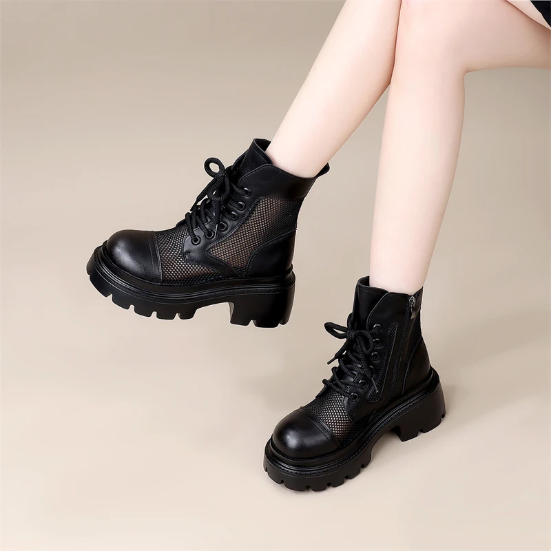 镂空马丁靴女款真皮网靴2025夏季爆款网红厚底百搭小短靴网面凉靴