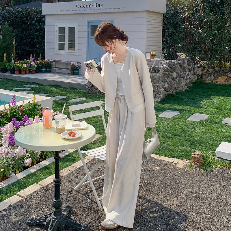 白色韩系时尚西装套装女2025春新款气质拼接V领西服阔腿裤两件套