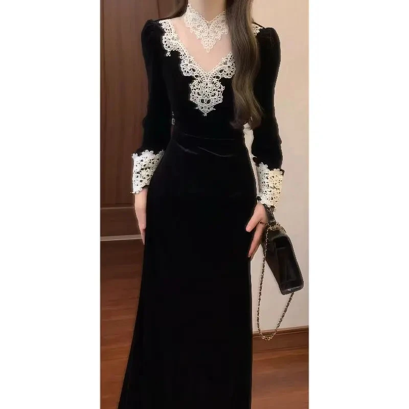 法式宫廷复古重工蕾丝拼黑色丝绒连衣裙女晚宴会礼服鱼尾长裙8191