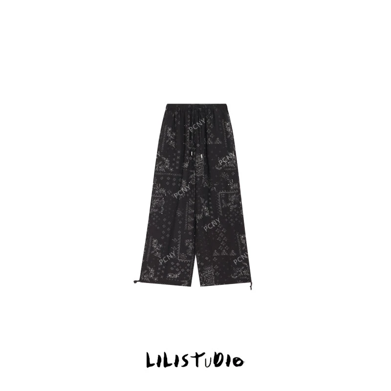 PCNY「魅影雕花」不理理夏季新款小众女装松紧腰裤脚抽绳印花休闲裤