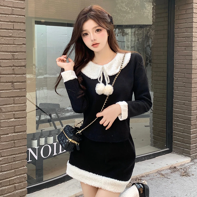 3434（染色，介意勿拍）时尚简约潮流加绒长袖上衣+半身短裙套装5393