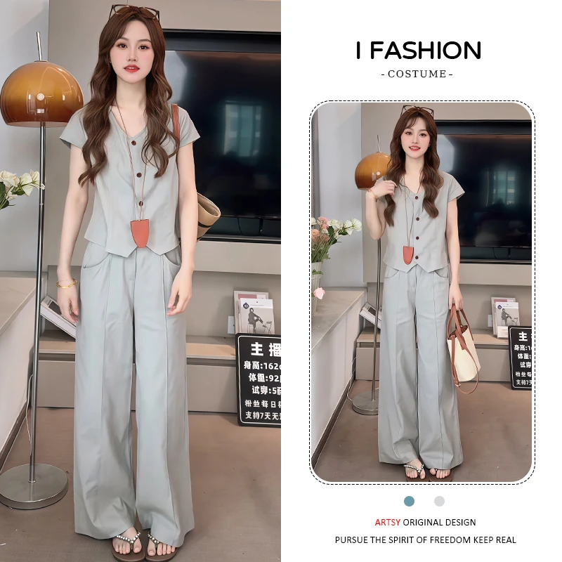 小个子时尚套装女2025年夏季新款洋气减龄短袖上衣阔腿裤两件套潮