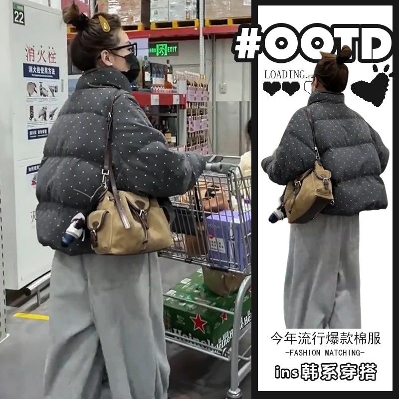 2025年秋冬新款设计感别致波点棉衣女欧美大气加厚保暖棉服外套潮