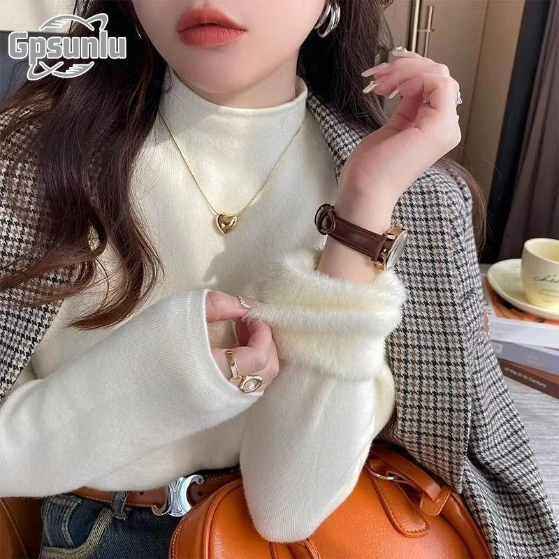 gpsunlu韩系内搭上衣女简约半高领毛衣冬季新款加绒针织打底衫