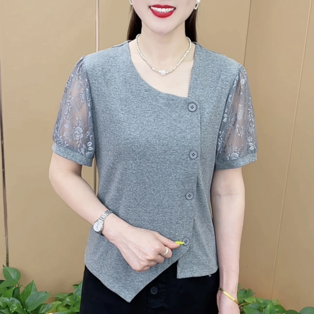 夏季新款时尚不规则领蕾丝袖拼接t恤气质妈妈装短袖上衣M5711