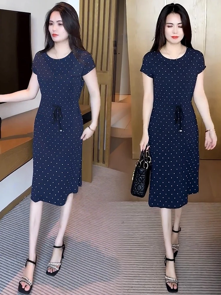 时尚波点连衣裙女2025夏季新款洋气遮肉系带收腰显瘦短袖休闲裙子