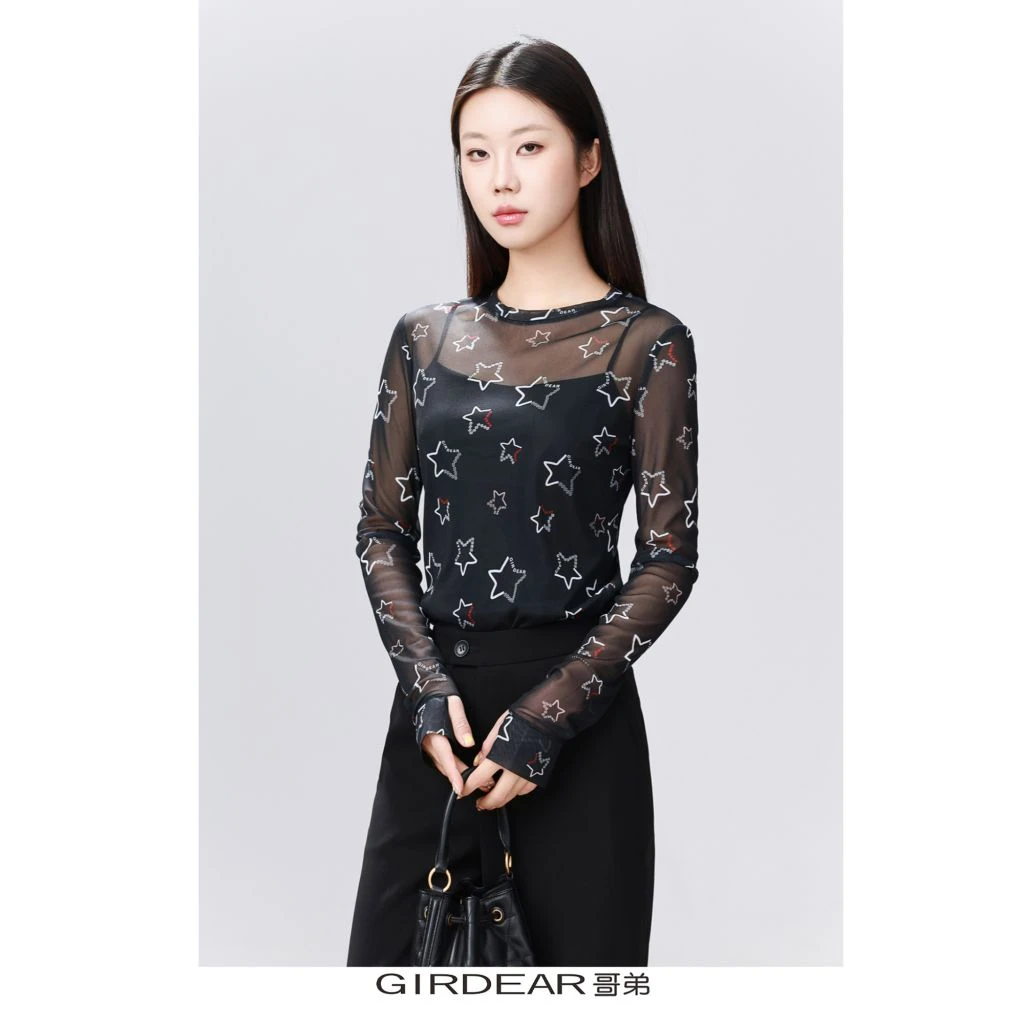 GIRDEAR/哥弟「璀璨星空」水晶纱肌理感小圆领修身长袖纱衣1300959