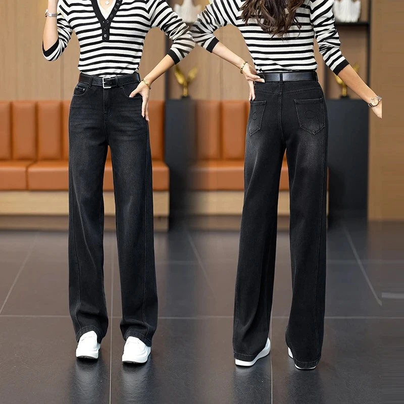 雅鹿黑色窄版阔腿牛仔裤女秋冬2025新款潮流显瘦加绒加厚直筒裤子
