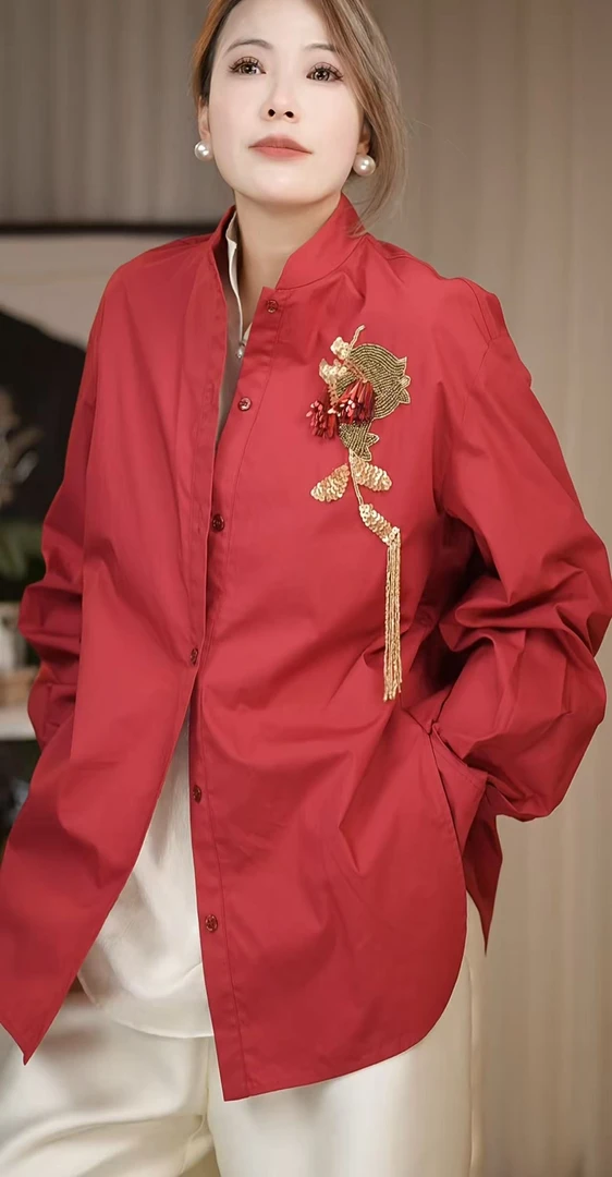 华裔陈总【新年款】新款时尚百搭新年款钉珠亮片云雾棉衬衫