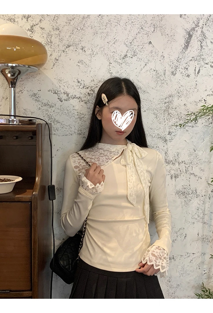 杏色蕾丝拼接系带长袖T恤女秋季高级感修身显瘦上衣