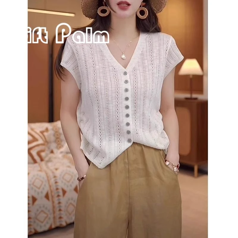 GiftPalm设计感v领镂空短袖t恤女休闲亚麻冰丝针织衫洋气减龄上衣
