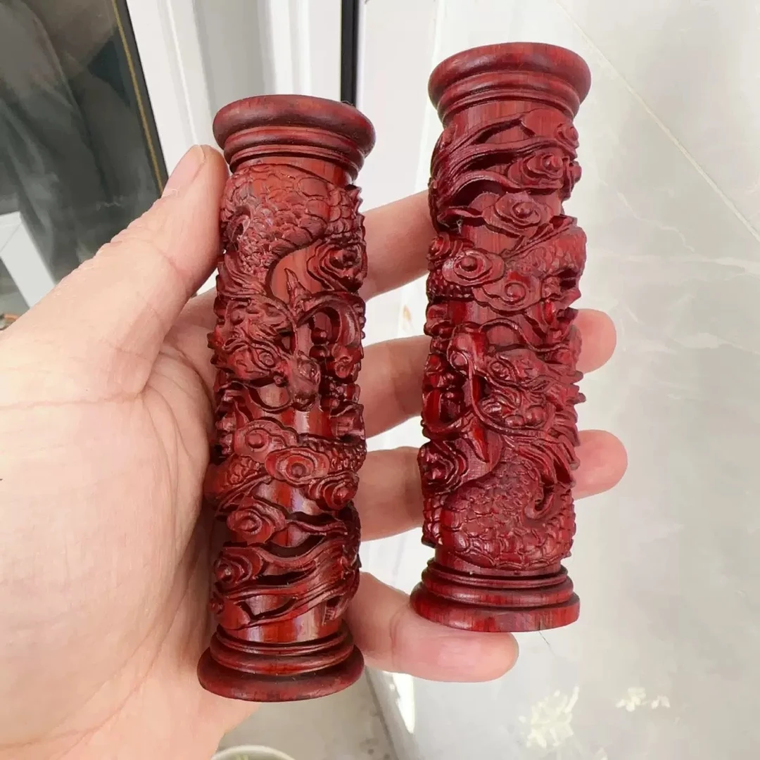 紫檀木纯手工雕刻龙柱把件