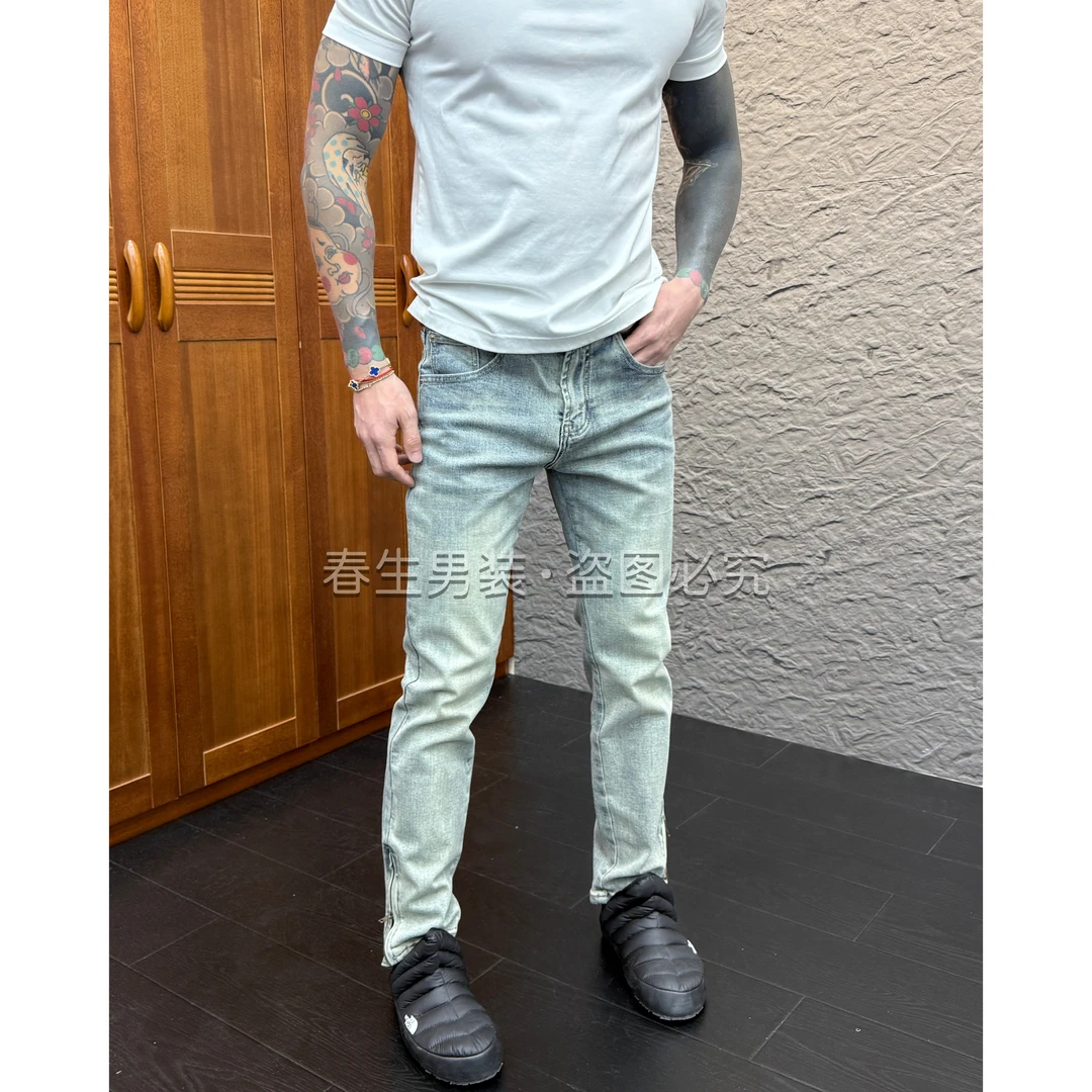 2025秋冬厚款男士修身怀旧裤脚拉链小脚牛仔裤7958