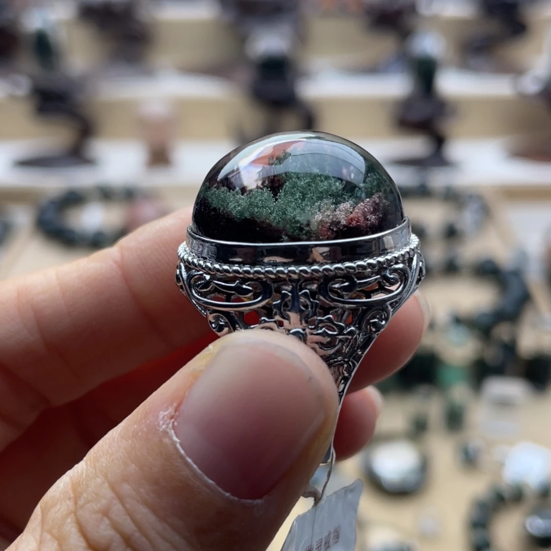 张***棂戒指水晶银S925镶嵌红绿幽灵聚宝盆戒指