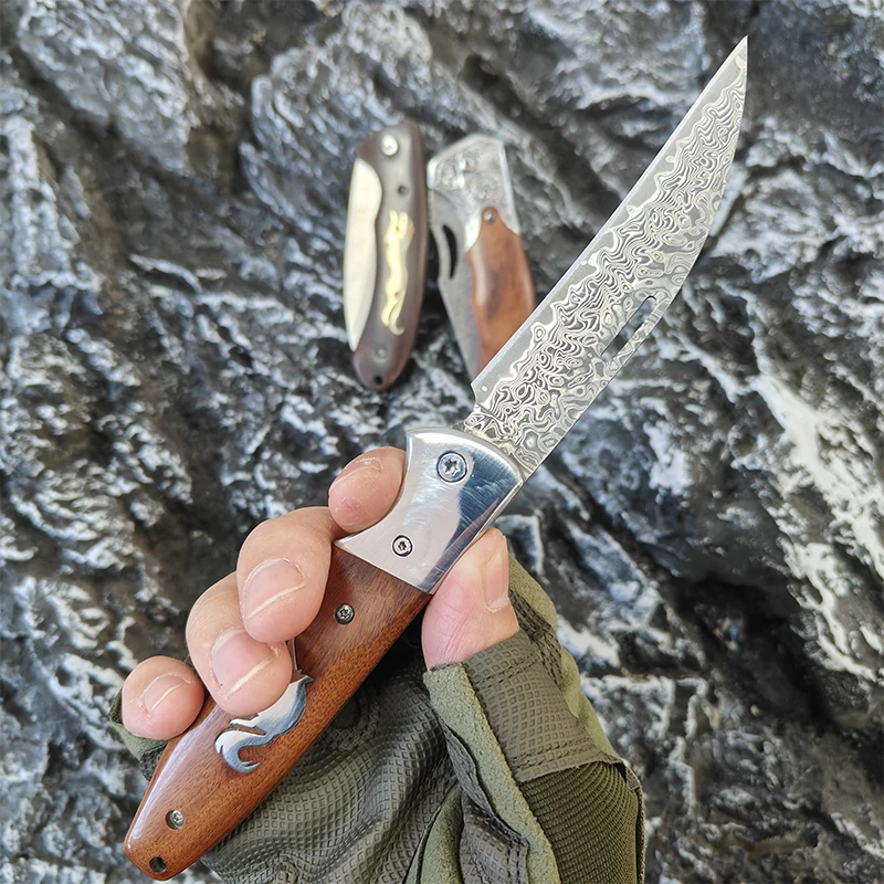 67层大马士革钢夹钢实木柄高硬度折叠刀水果刀户外露营刀烧烤小刀