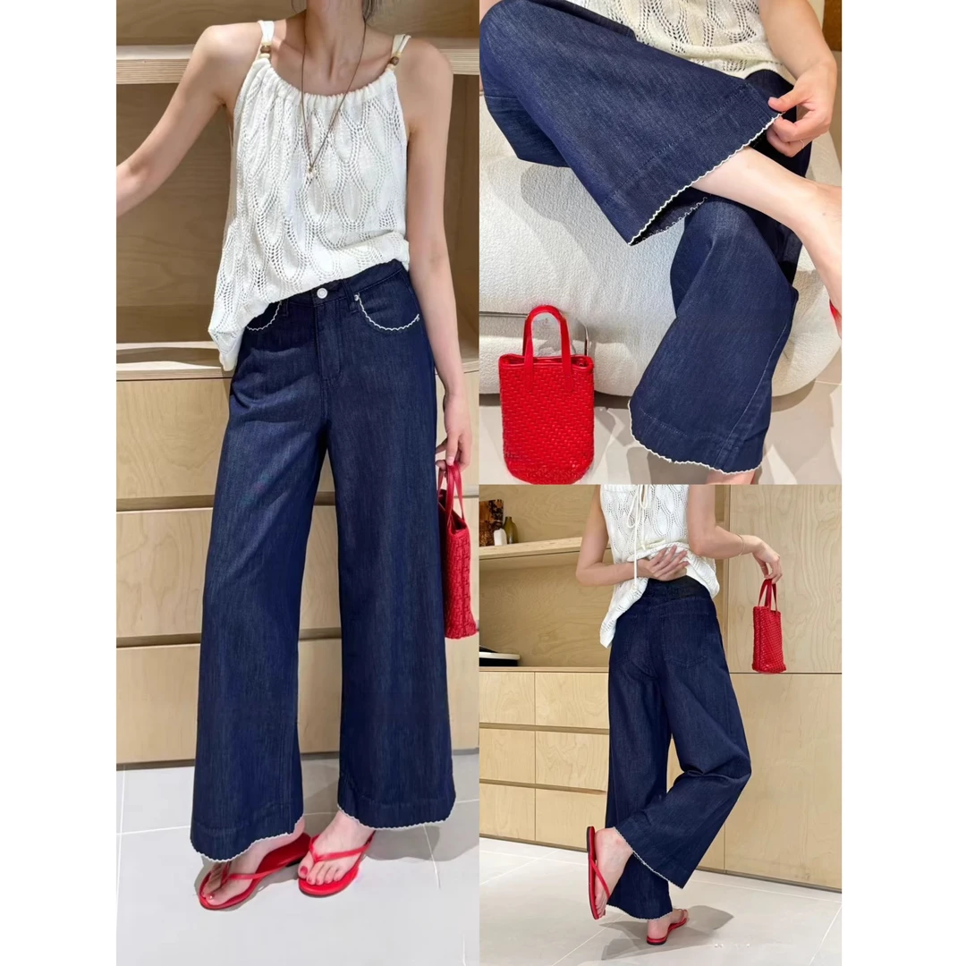 莱赛尔天丝波浪边绣线宽松直筒裤女2025夏薄款小个子牛仔裤