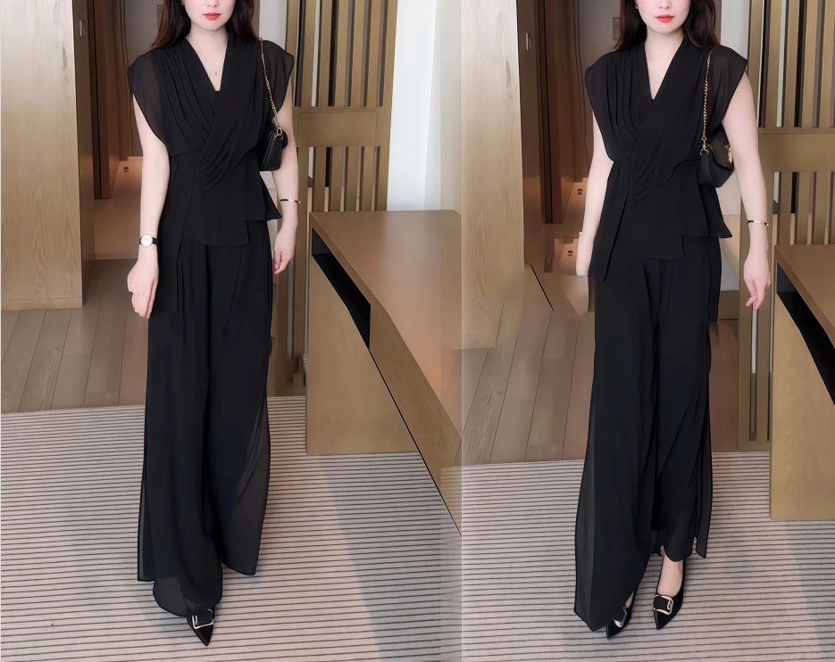 2025夏季新款短袖显瘦气质高腰黑色洋气套装女