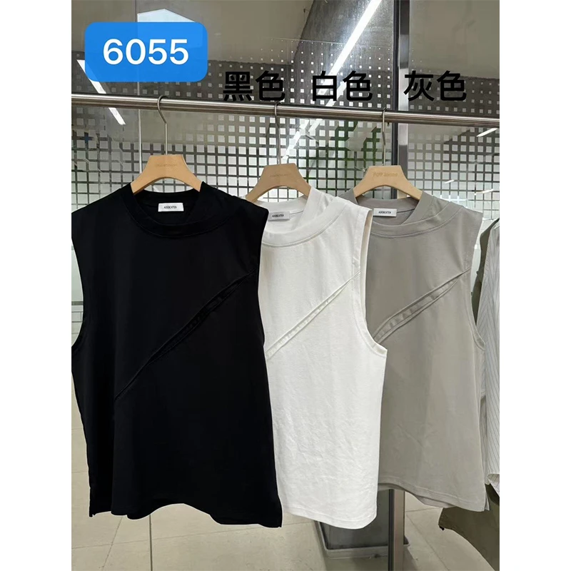 A6055 纯色无袖坎肩背心压褶设计感圆领宽松休闲马甲外搭