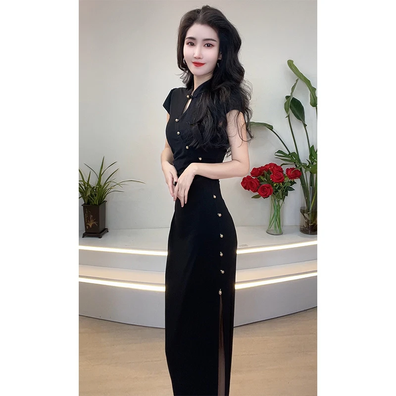黑色改良款旗袍显瘦显年轻夏季新款高级感复古新中式连衣裙9712