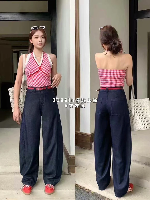 薄款夏季高腰红色腰带深蓝色阔腿弯刀牛仔裤女2025新显瘦百搭长裤