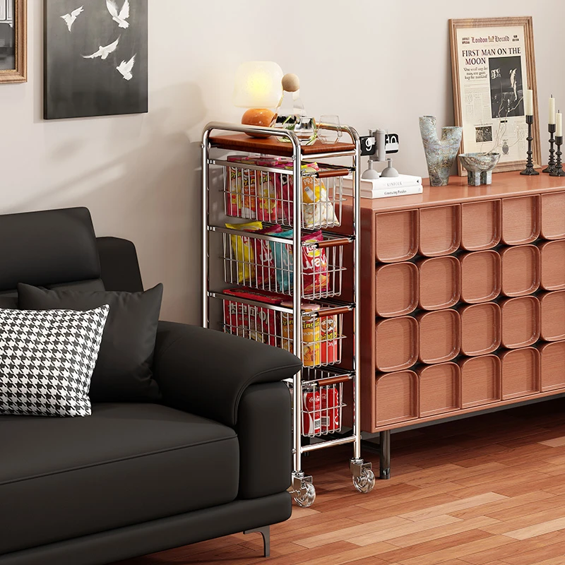 网红零食筐中古多层移动收纳车家用饮料推车置物架极窄抽拉收纳架
