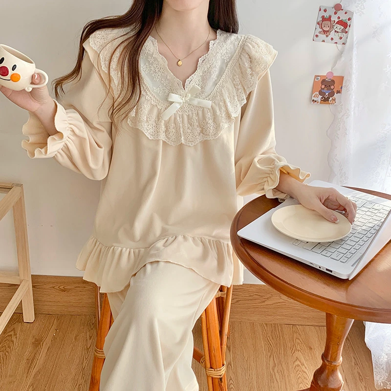 (香榭绒梦）韩系海岛绒睡衣女秋冬季深蕾丝领口可外穿家居服女