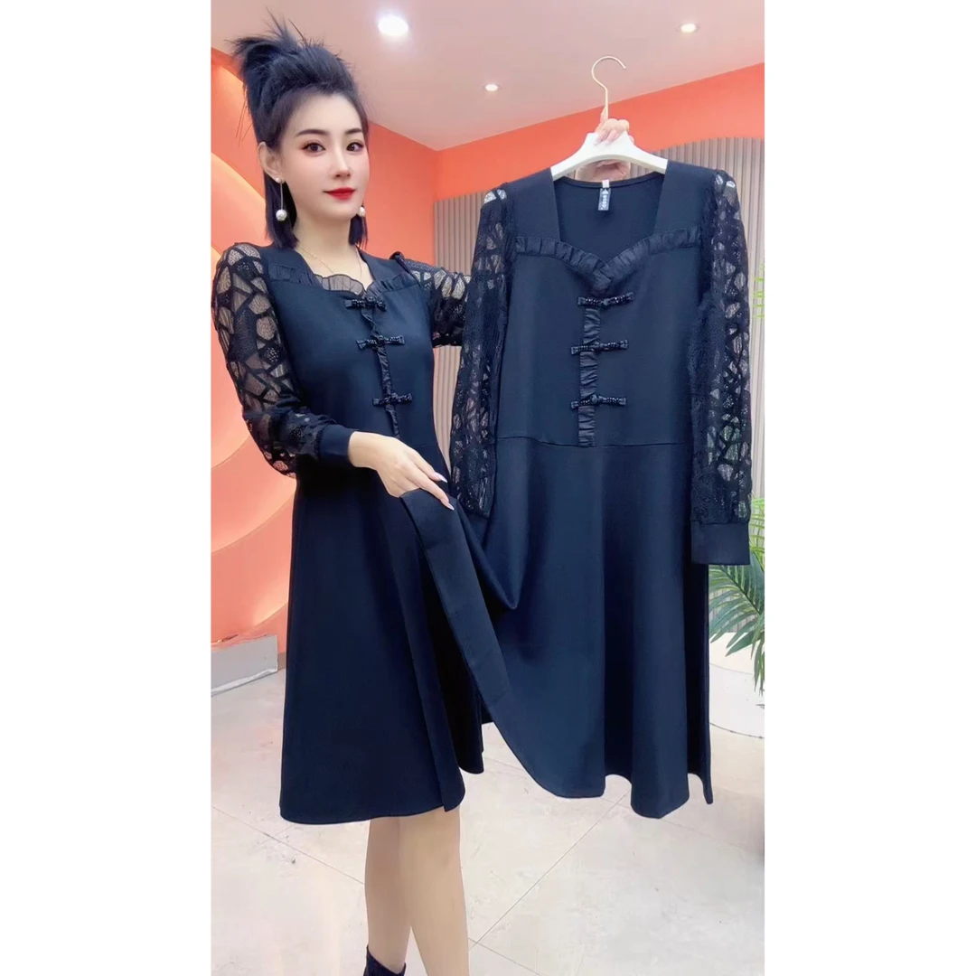 2293女士秋季长袖国风设计款蕾丝袖显瘦连衣裙