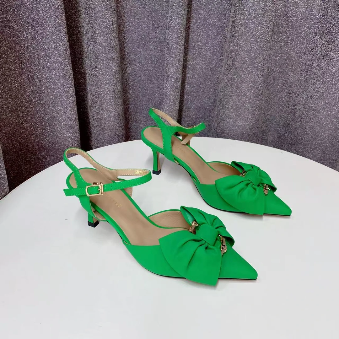 C6352  草绿色  夏季时尚尖头2025新款气质细跟四季包头女凉鞋
