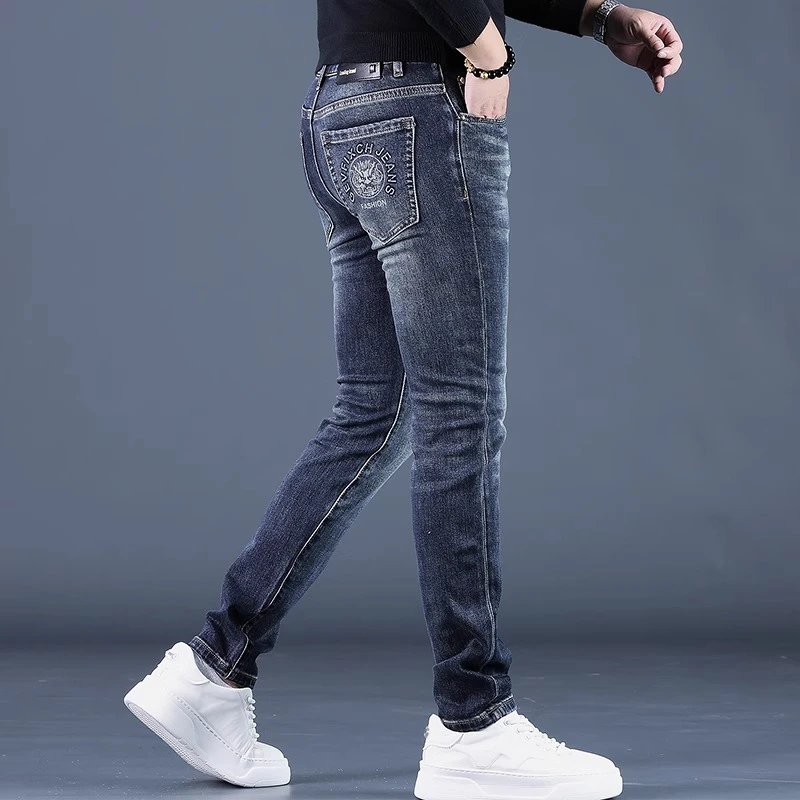 臣吾春夏季新款高端百搭弹力男牛仔裤修身印花潮牌耐磨蓝色长裤