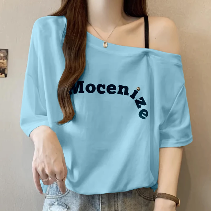 2025宽松短袖T恤打底女性感单肩斜领露肩大码胖mm下摆松紧腰上衣