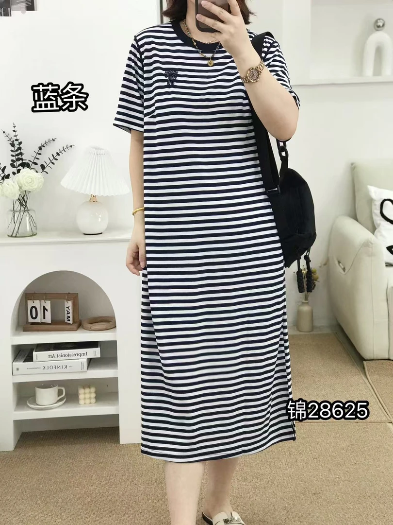 {莹莹推荐}大码女装夏季休闲中长款条纹连衣裙28625