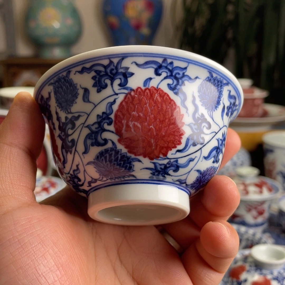 釉里红霸王团菊压手杯