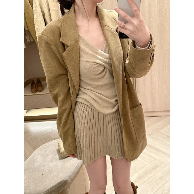 韩国chic秋季法式高级感外套宽松休闲双口袋长袖交叉针织衫百褶裙