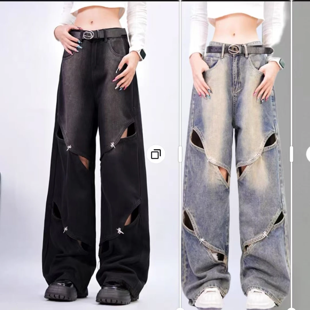 复古水洗破洞阔腿牛仔裤女年新款时尚潮流设计感甜美可爱风格温婉