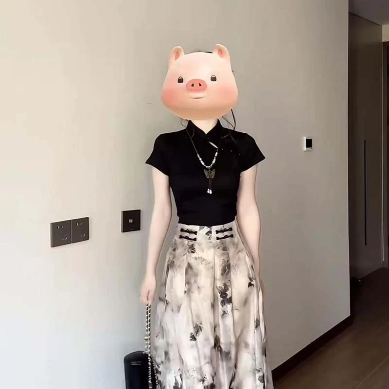 【两件套】新中式国风女夏季法式旗袍式上衣半身裙子两件套D2104