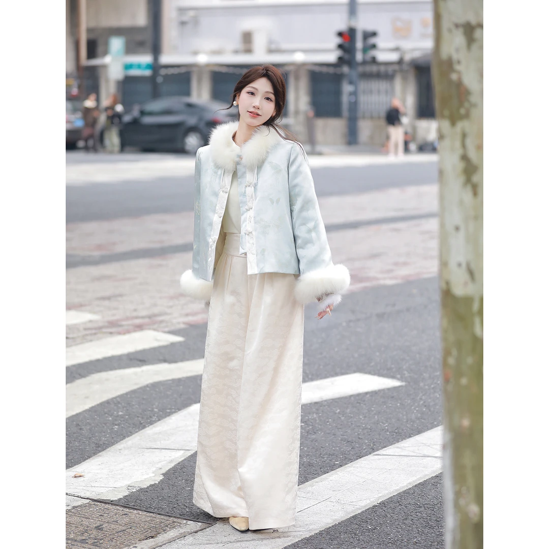 果果家 新中式狐狸毛羽绒服2025圆领冬季保暖盘口设计感时尚外套