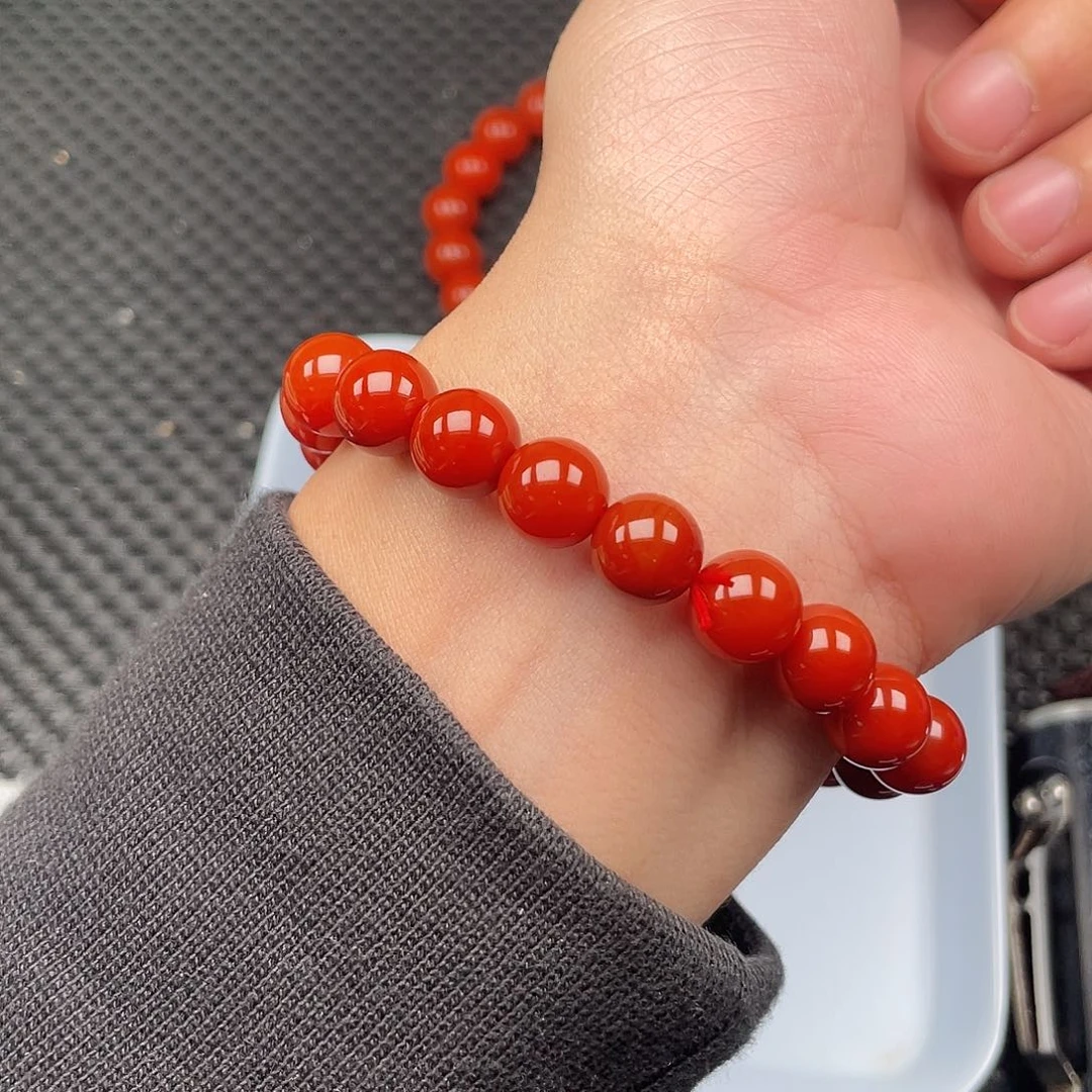 南红玛瑙未镶嵌10mm柿子红圆珠手链整串20颗