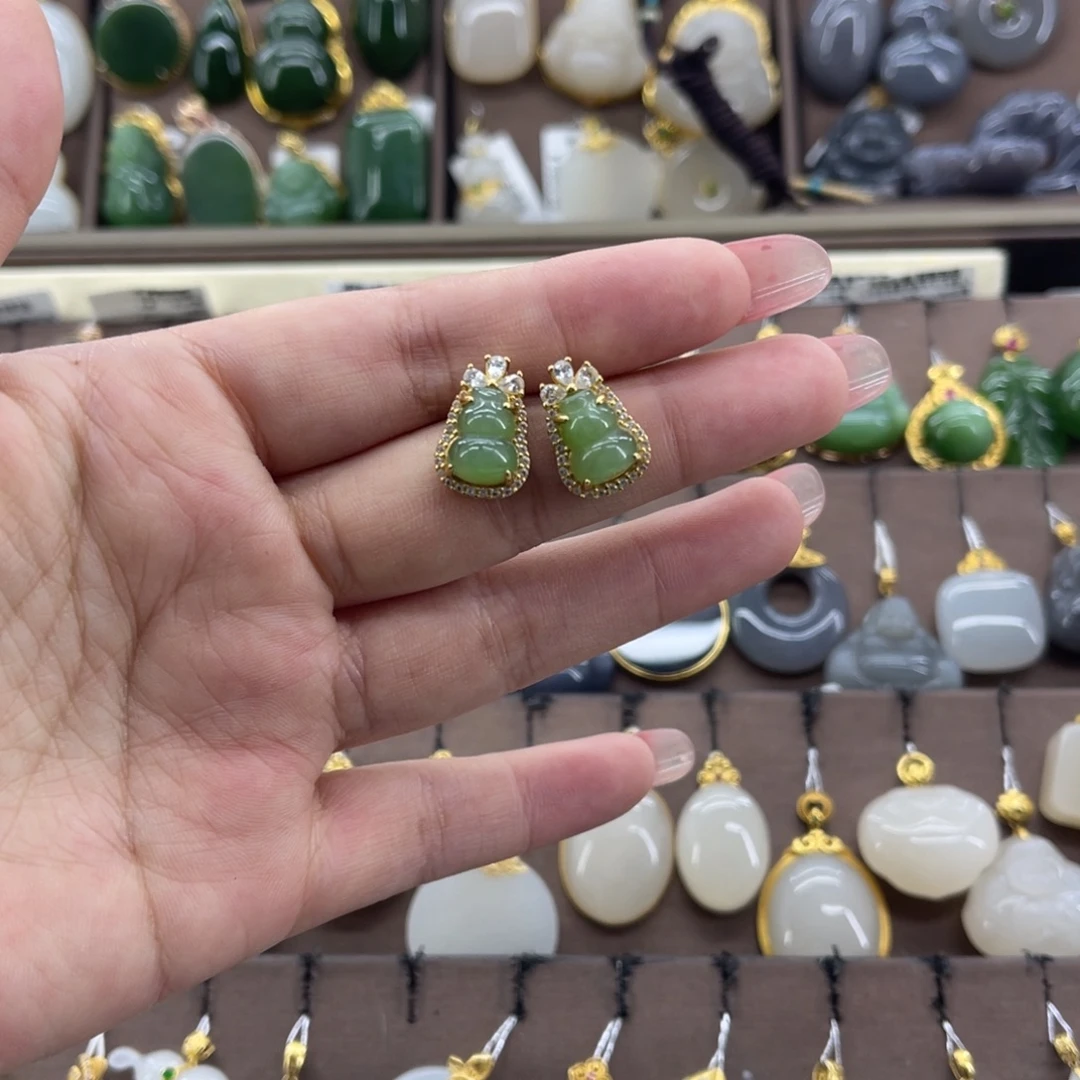 和田玉银S925镀金镶嵌耳饰