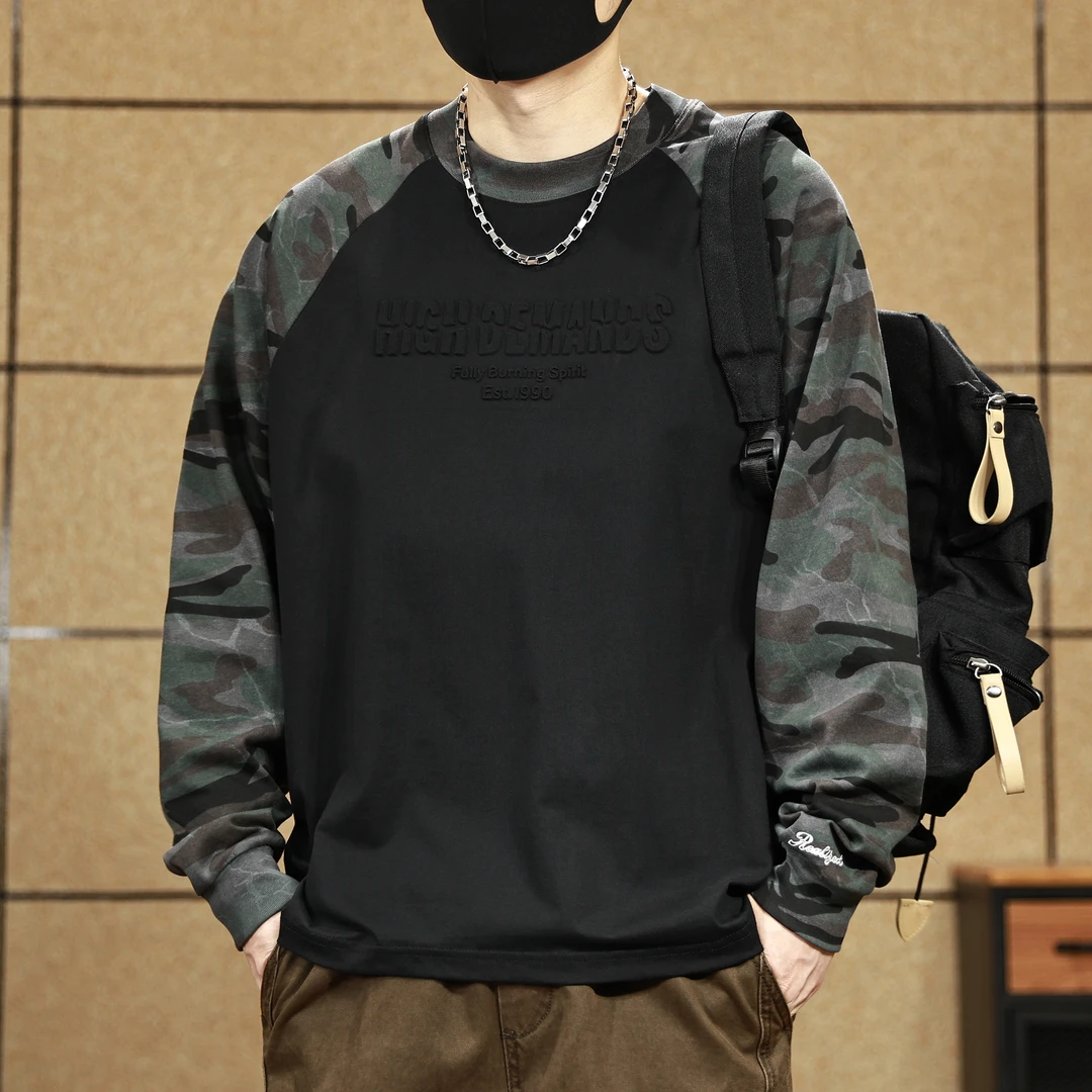 春秋季新款美式复古迷彩拼接薄款卫衣男士痞帅高级感情侣长袖T恤