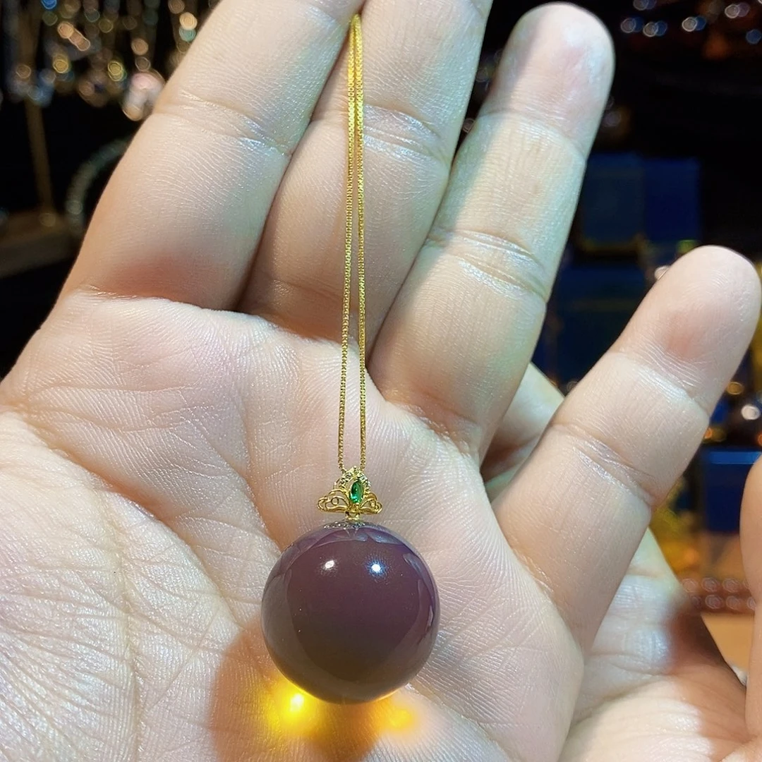 快***子蓝珀18K金镶嵌珠宝奇石20mm