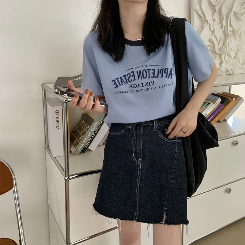 美式撞色圆领短袖T恤女2025夏季字母印花宽松短款复古学生上衣ins