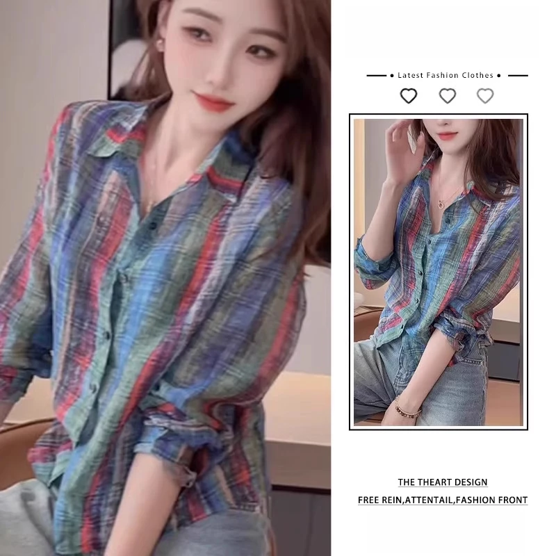 2025春秋季新款女士复古条纹衬衫宽松显瘦减龄高级感长袖衬衣上衣