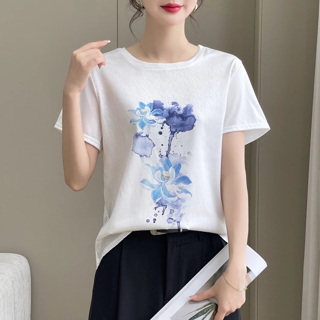 夏季丝滑缎面冰凉感女半袖T恤洋气AB拼接短袖1428