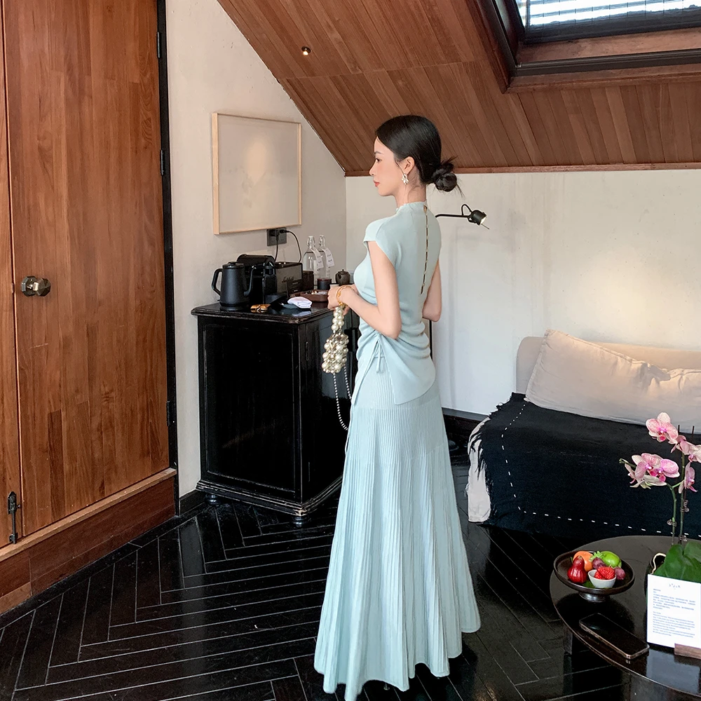 缤菓binguo 湖蓝色抽褶短袖上衣高腰半身裙套装女2025夏新款