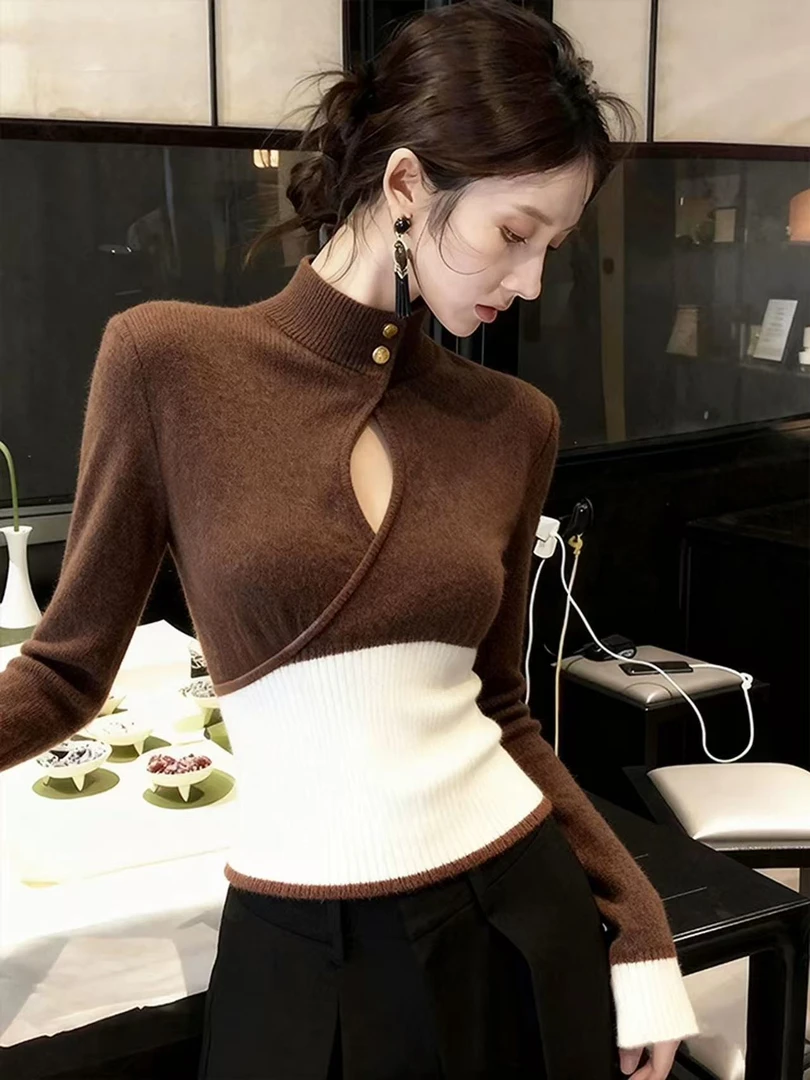SS5031咖色拼接立领长袖针织衫女秋冬中式镂空设计感小众毛衣